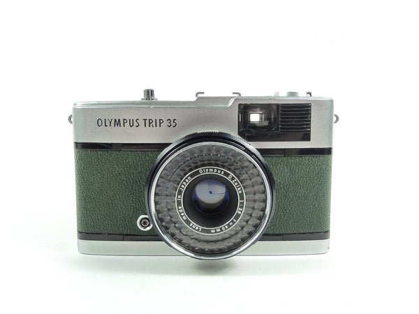 Early Olympus Trip 35 in dark green cowhide leather