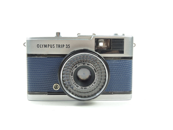 Early Olympus Trip 35 in navy blue lizard cowhide leather